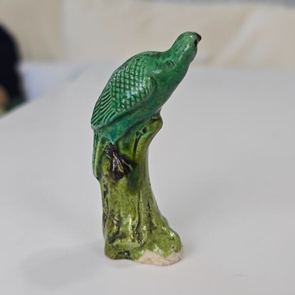 Chinese Miniature Glazed Mud Bird Parrot Green Vintage 3" - Picture 8 of 11